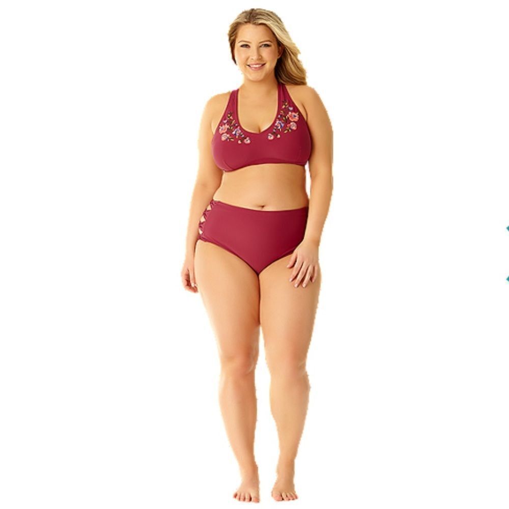 Allure IMG Embroidered Wine Color Cutout Bows Bikini Swim Set Plus Size 20-22W